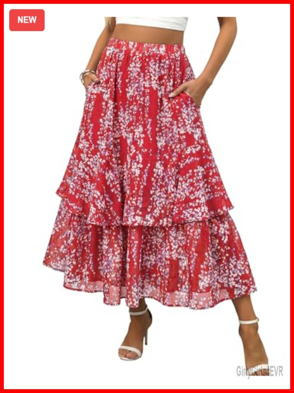 Women's Floral Flowy Tiered Ruffle A-Line Maxi Skirt with Pockets